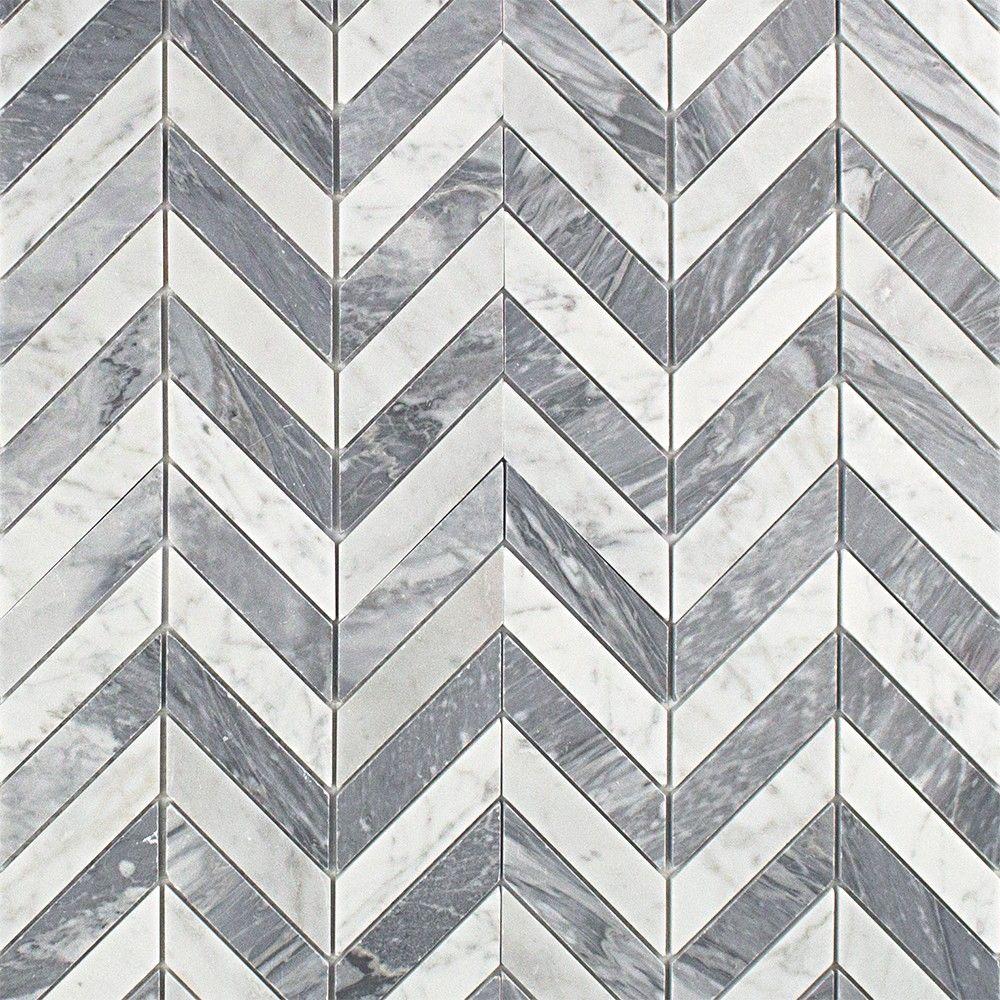 Splashback Tile Dart White Carrara and Bardiglio Marble Mosaic Tile - 3 in. x 6 in. Tile Sample ...