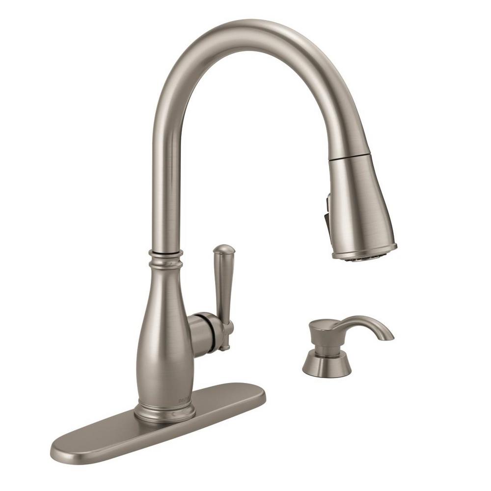 Delta Charmaine Single Handle Pull Down Sprayer Kitchen Faucet With Soap Dispenser And Shieldspray Technology In Stainless 19962z Sssd Dst The Home Depot