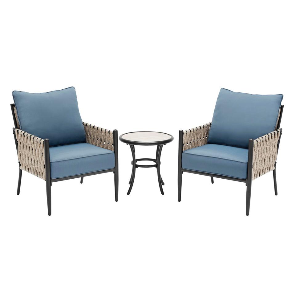 Hampton Bay Dockview 3 Piece Metal Outdoor Patio Bistro Set With Blue Cushions 505 0561 000 The Home Depot