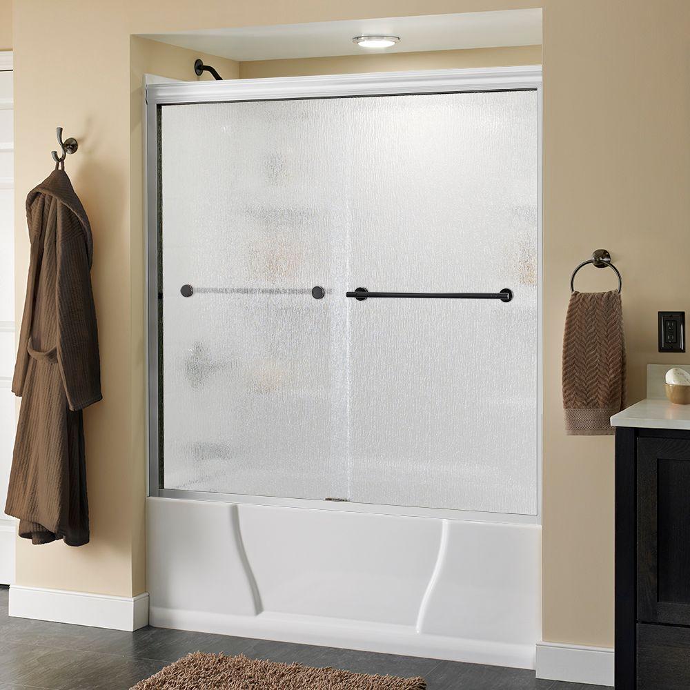 Delta Lyndall 60 In X 58 1 8 Semi Frameless Traditional Sliding Semi Frameless Traditional Sliding Bathtub Door In White And Bronze With Rain Glass