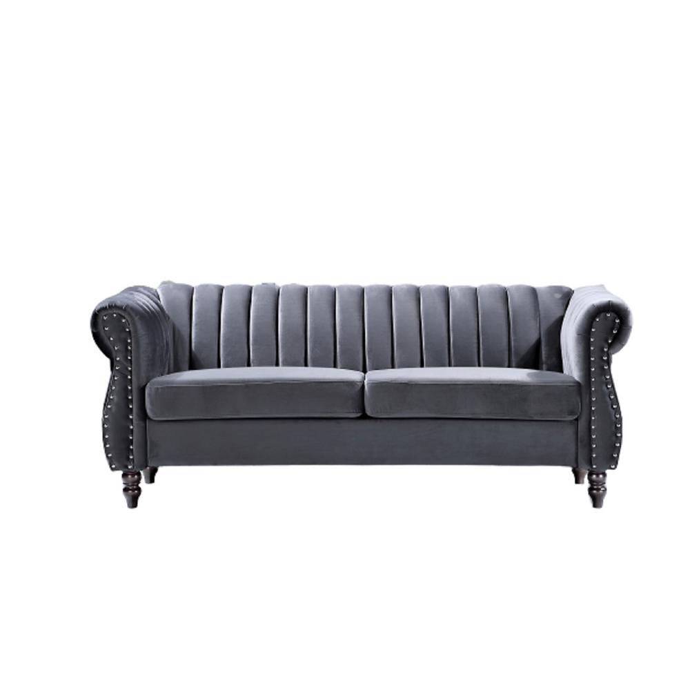 Us Pride Furniture Louis 76 4 In Grey Velvet 3 Seater Chesterfield Sofa With Nailheads S5646 S The Home Depot