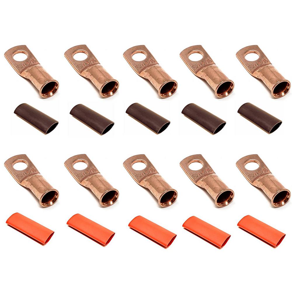 10 4 Gauge Copper Ring Terminals 1//4 Green//Black Heat Shrink Tubing Lugs