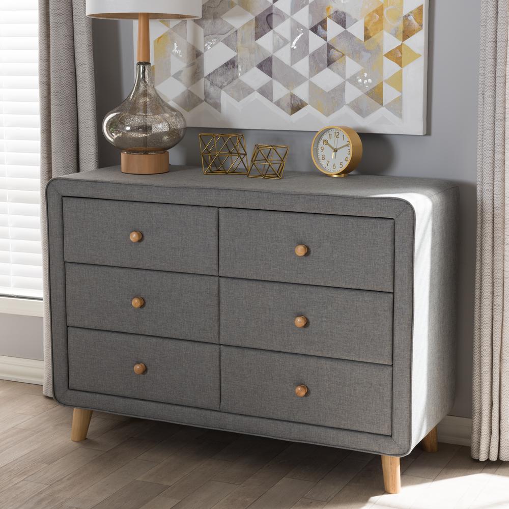 Baxton Studio Gray 30 36 Dressers Chests Bedroom Jonesy Mid Century 6 Drawer Gray Fabric Upholstered Chest