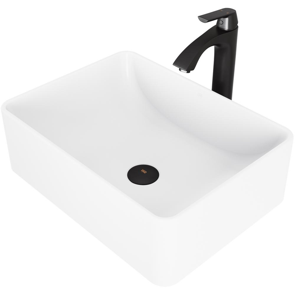 VIGO Amaryllis White Matte Stone Vessel Bathroom Sink Set with Linus