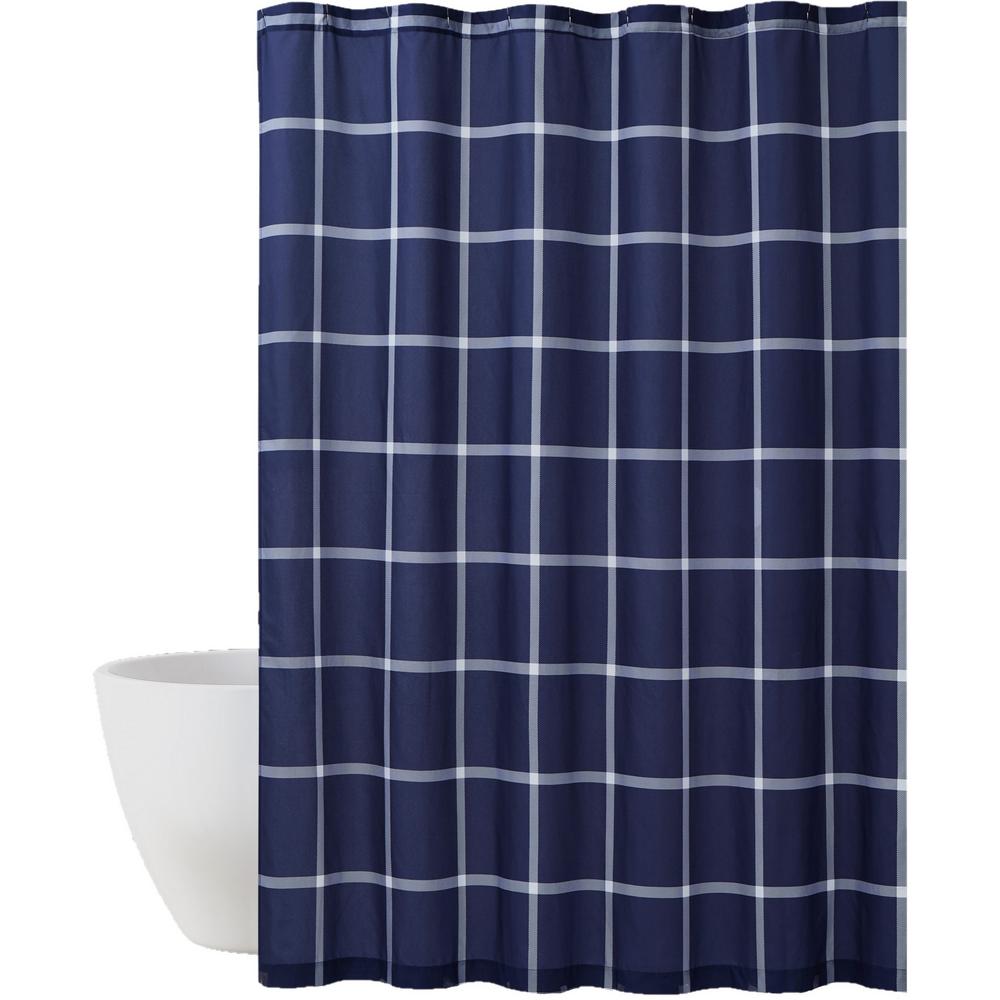 Truly Soft Printed Windowpane 72 in. White/Navy Shower CurtainSC3860NW