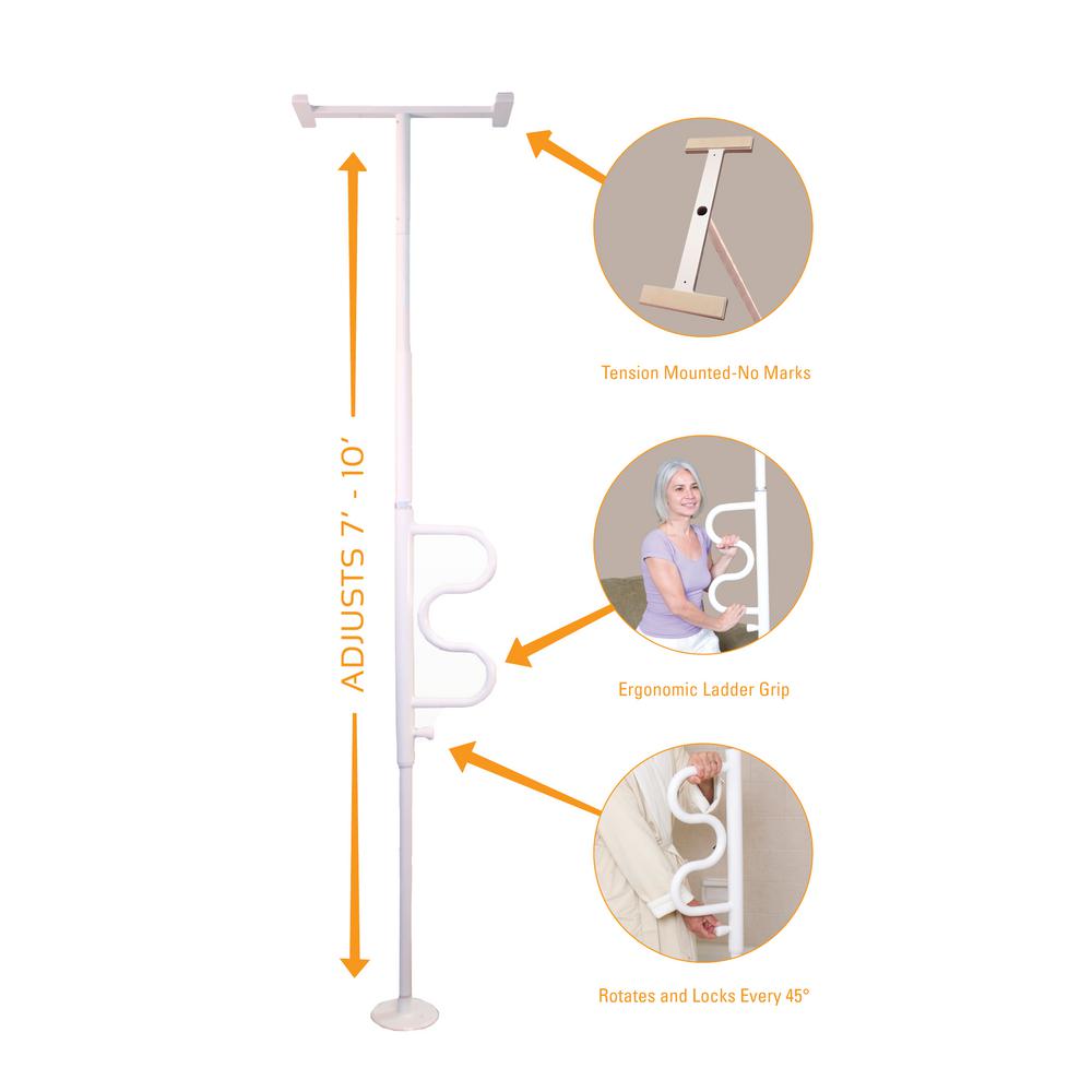 Stander Adjustable Floor To Ceiling Security Pole And Curve Grab Bar In White