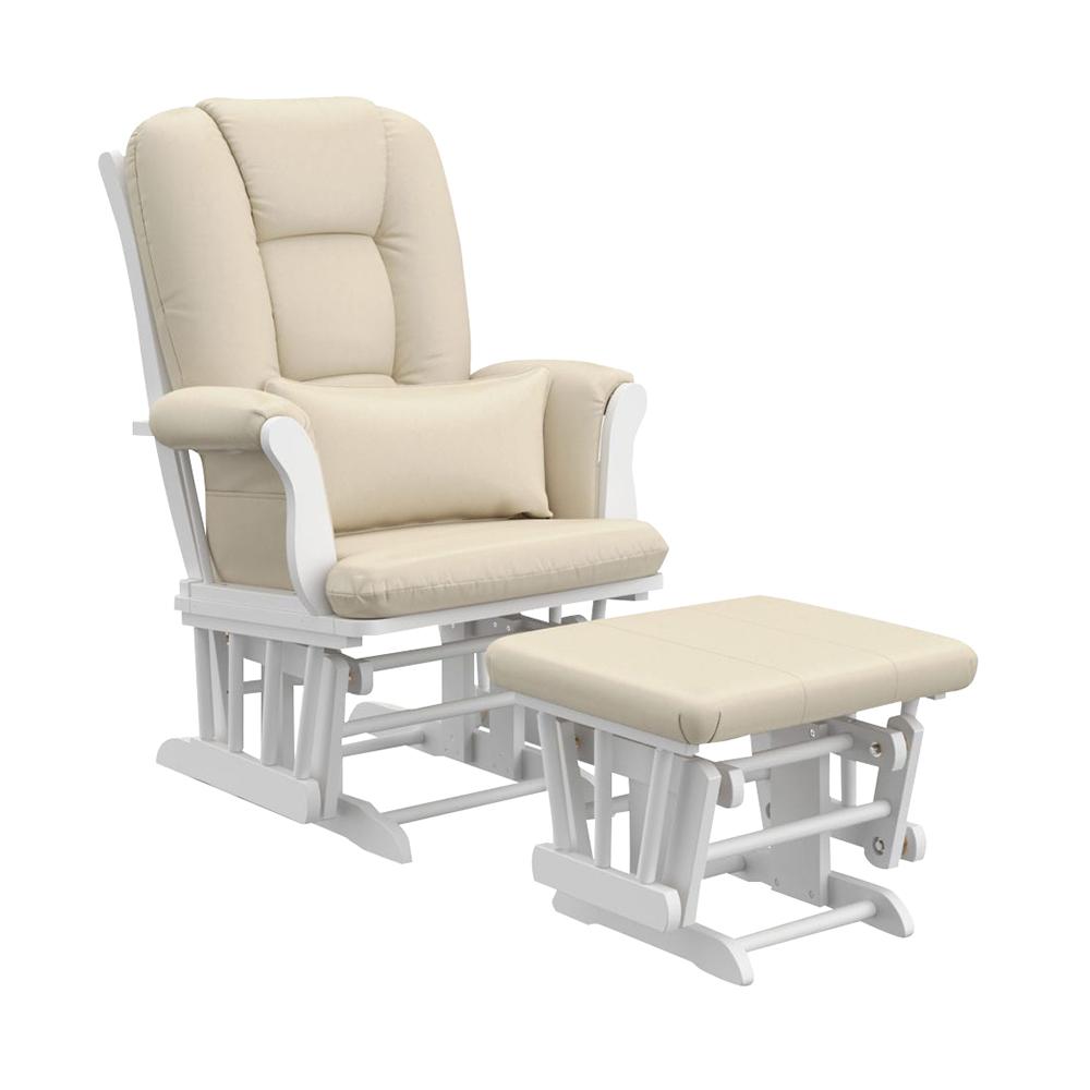 Storkcraft Tuscany Glider and Ottoman incl Lumbar Pillow White with Beige Cushions