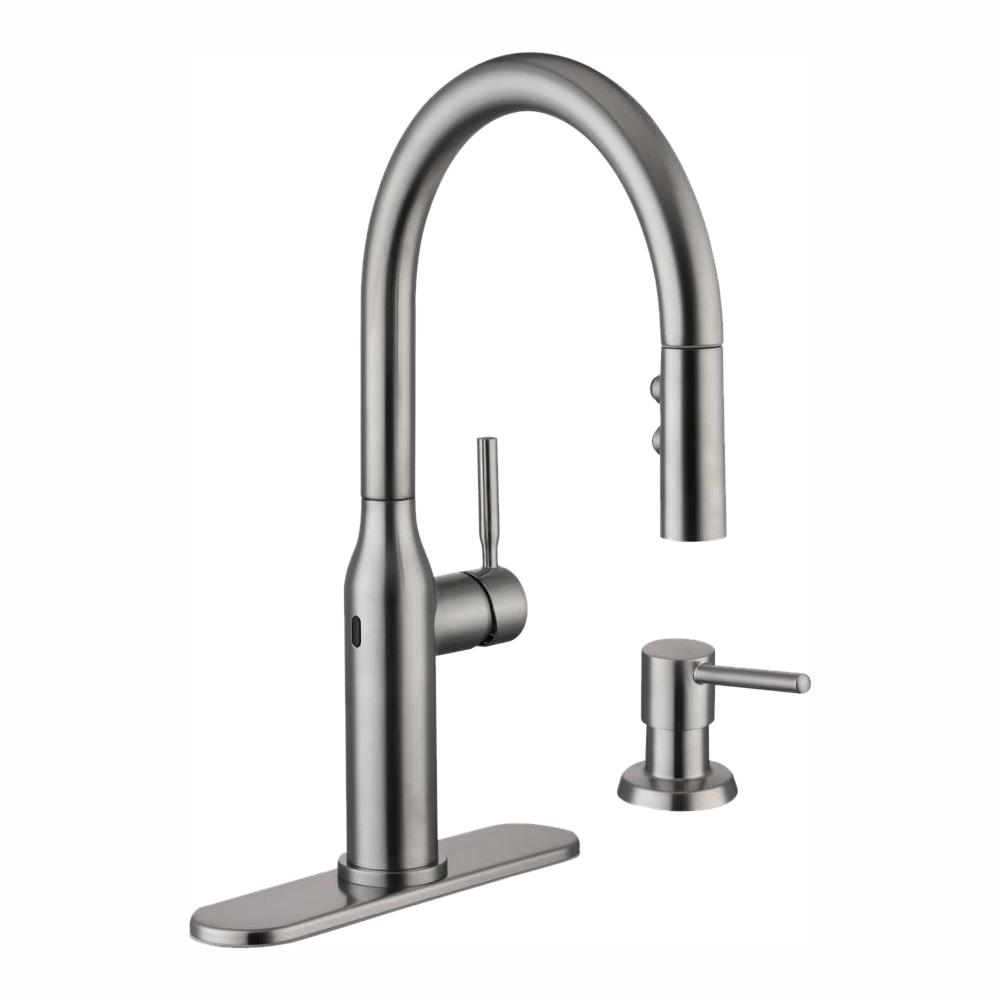Glacier Bay Upson Single Handle Touchless Pull Down Kitchen Faucet With Turbospray And Fastmount Soap Dispenser In Stainless