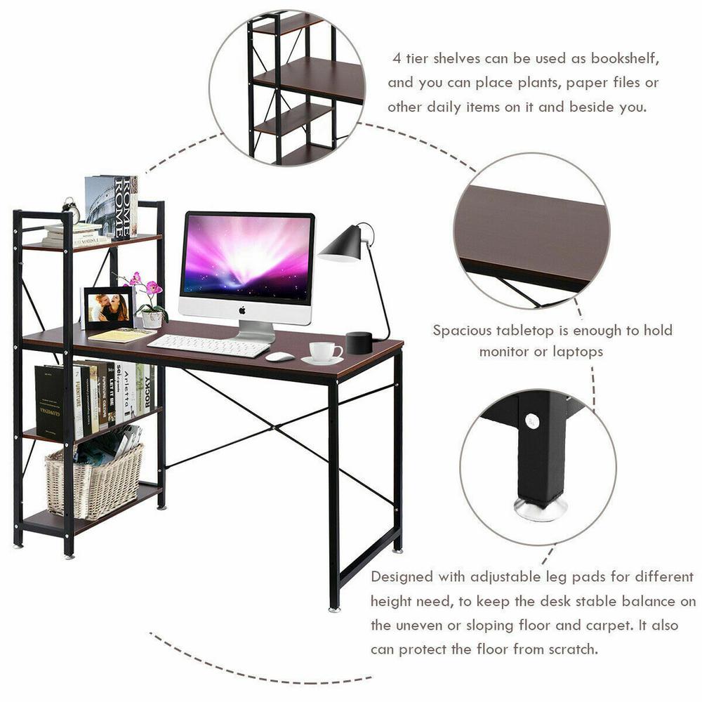 Costway Brown Modern Computer Desk With 4 Tier Shelves Pc
