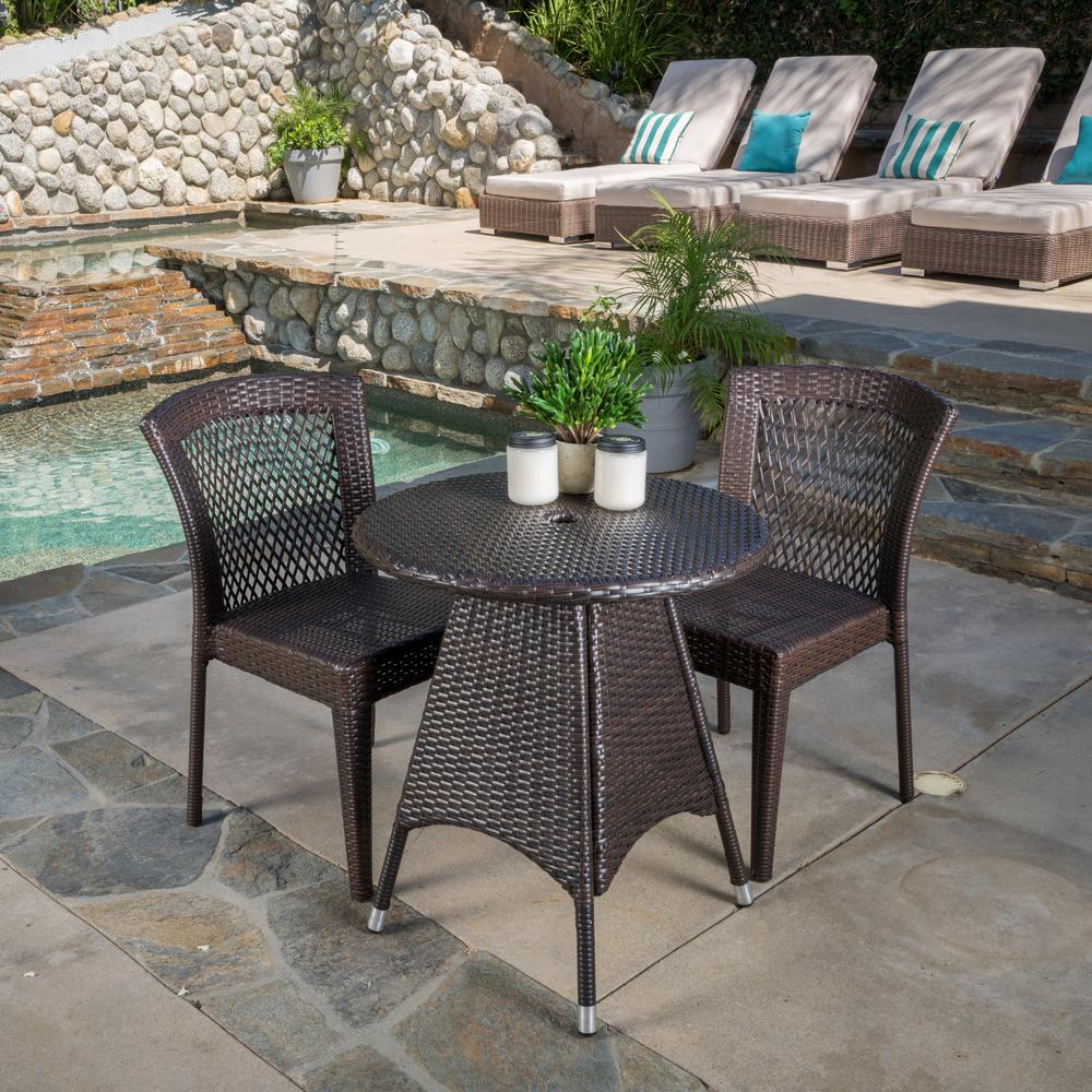 Noble House Julius Multi Brown 3 Piece Wicker Round Outdoor Dining Set With Stacking Chairs