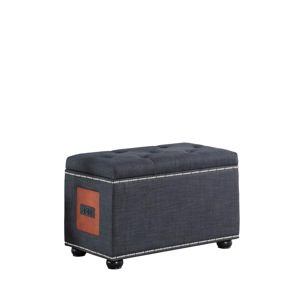 Ore International 19 In Dark Gray Melo Tufted Nailhead Trim Storage Ottoman Bench With Charging Station Hb4854 The Home Depot