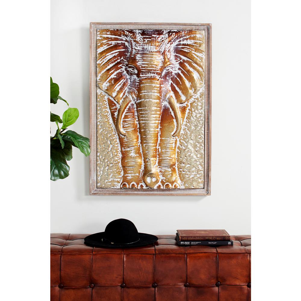 Rectangular Framed Wood And Metal Bronze Gold Elephant Wall Decor