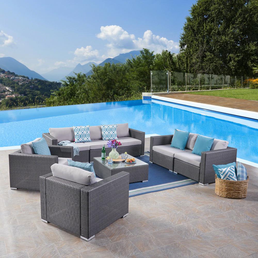 Le House Santa Rosa Gray 8 Piece Wicker Patio Conversation Set Santa Rosa Gray 8 Piece Wicker Patio Conversation Set With Silver Cushions