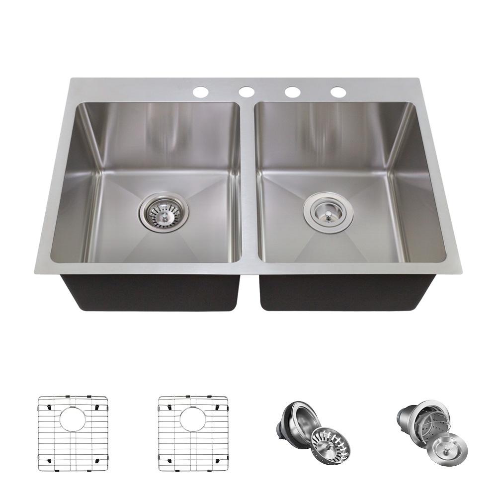 MR Direct Drop-in Stainless Steel 31 in. 4-Hole 50/50 Double Bowl ...