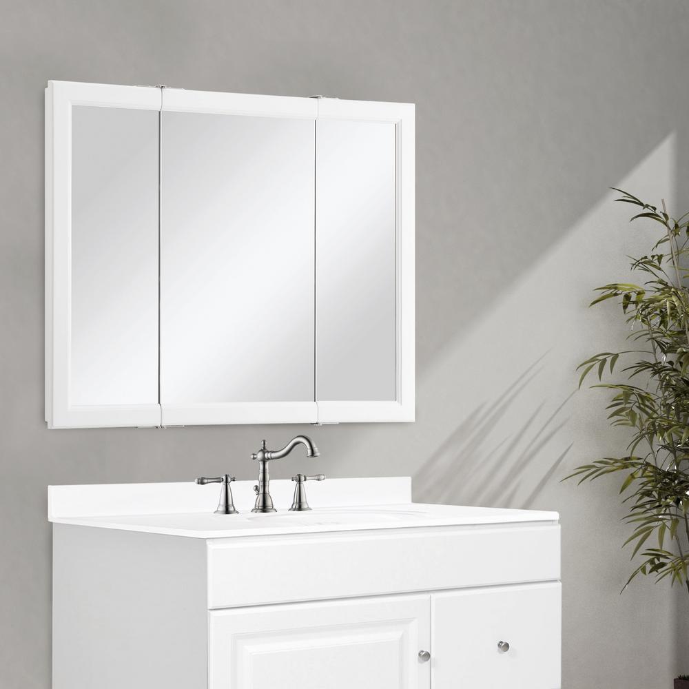 Design House Wyndham 36 In W X 30 In H X 4 3 4 In D Framed Tri View Surface Mount Bathroom Medicine Cabinet In White Semi Gloss 545103 The Home Depot