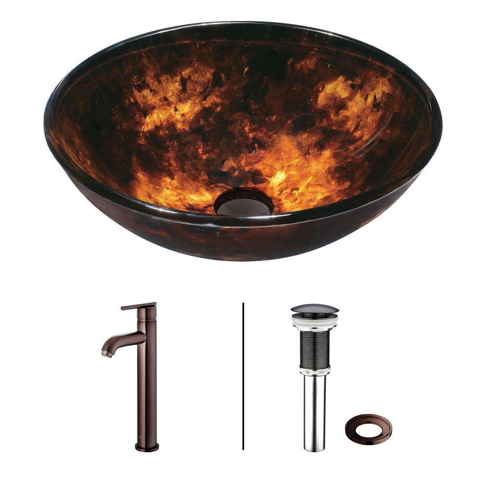 VIGO Fusion Vessel Sink in Brown and Gold with Faucet Set in Oil Rubbed