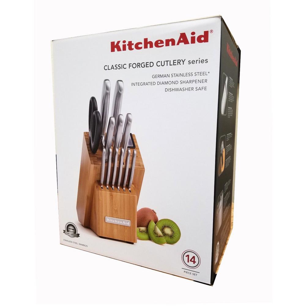 Kitchenaid 14 Piece Classic Forged Brushed Stainless Steel Cutlery Kitchenaid 14 Piece Classic Forged Brushed Stainless Steel Cutlery Set With Bamboo Storage Block Kkfss14bo The Home Depot