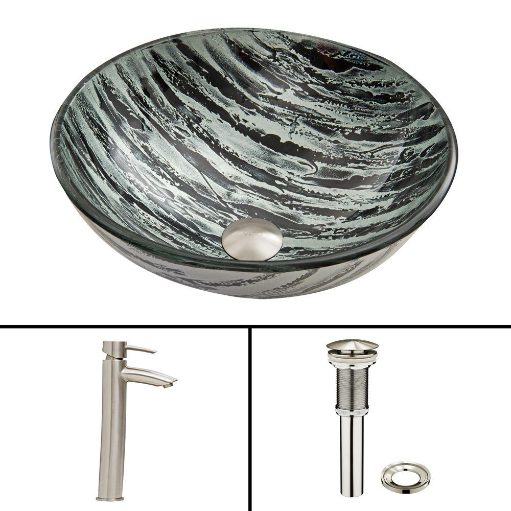 VIGO Glass Vessel Sink in Rising Moon and Shadow Faucet Set in Brushed