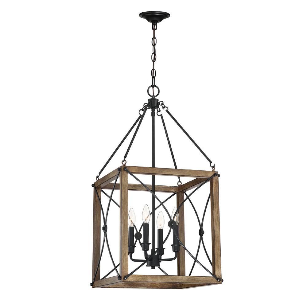 Cordelia Lighting Open Cage 4 Light Painted Wood With Vintage Black Pendant