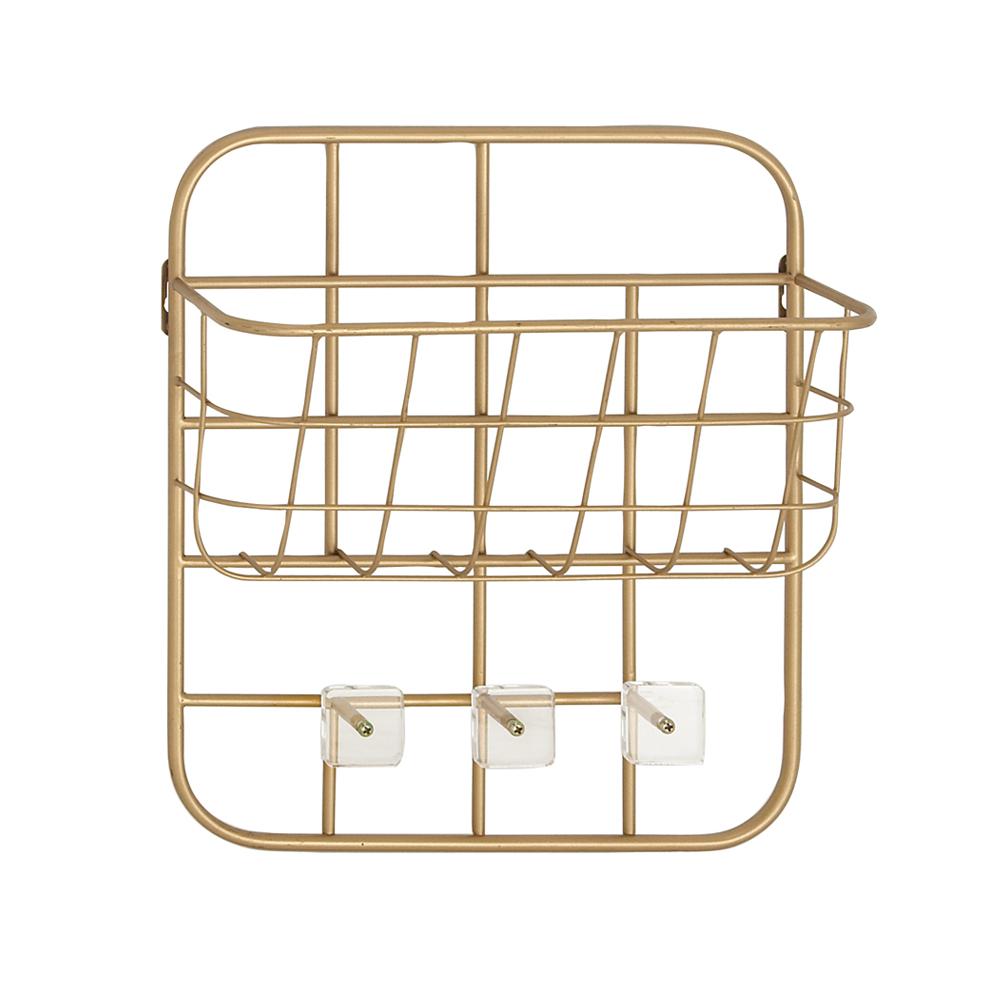 Litton Lane Gold Iron Wall Mounted Basket Rack With Hooks 45849