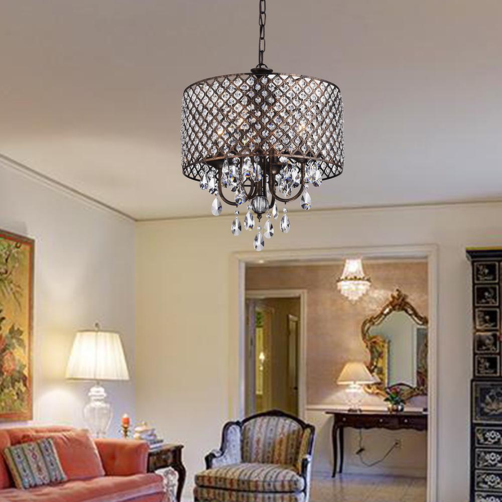 Beaded Drum Shade Edvivi Marya 4-Lights Antique Copper Round Crystal Chandelier Ceiling Fixture Glam Lighting