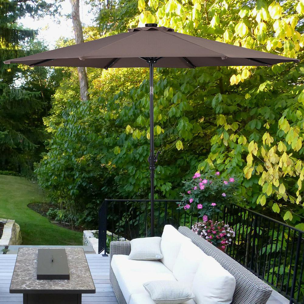 Costway 10 Ft Led Steel Market Tilt Patio Solar Umbrella With Crank Outdoor In Tan Op2805tn The Home Depot