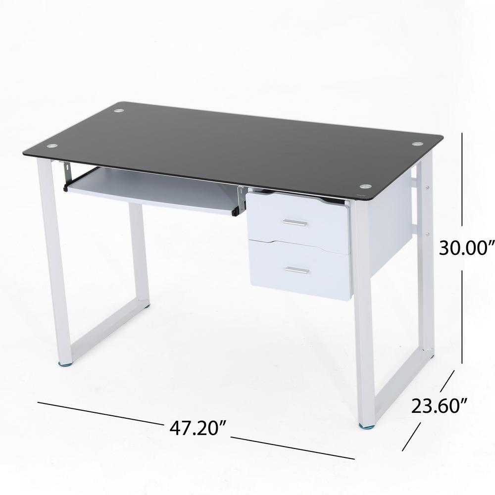 Noble House Reeve Black Tempered Glass Computer Desk With White