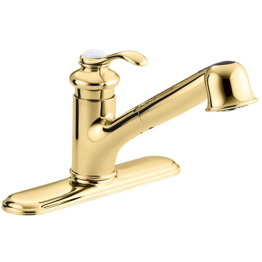 Kohler Fairfax Single Handle Pull Out Sprayer Kitchen Faucet In Vibrant Polished Brass K 12177 Pb The Home Depot