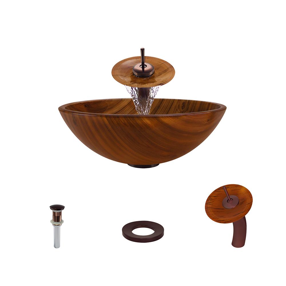 Glass Vessel Sink In Wood Grain With Waterfall Faucet And Pop Up Drain In Oil Rubbed Bronze