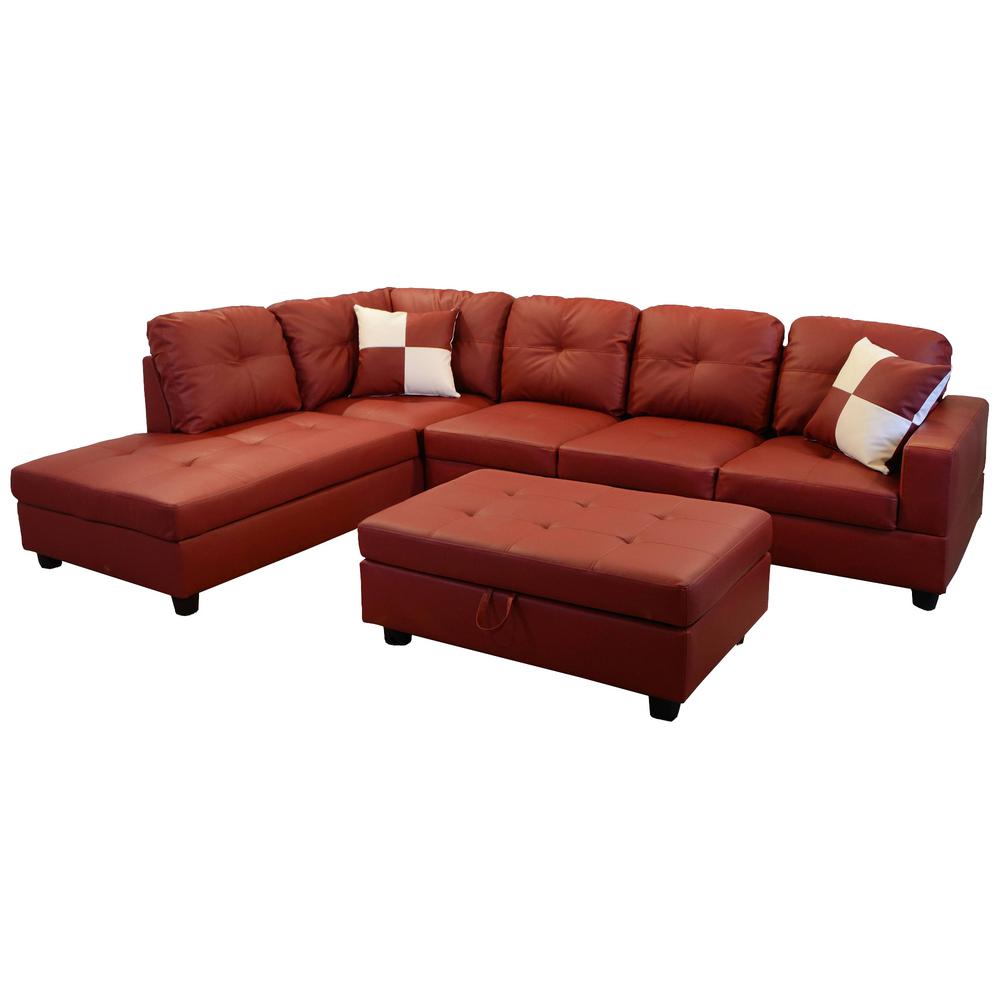 Red Faux Leather Left Chaise Sectional With Storage Ottoman Sh094a Red Faux Leather Left Chaise Sectional