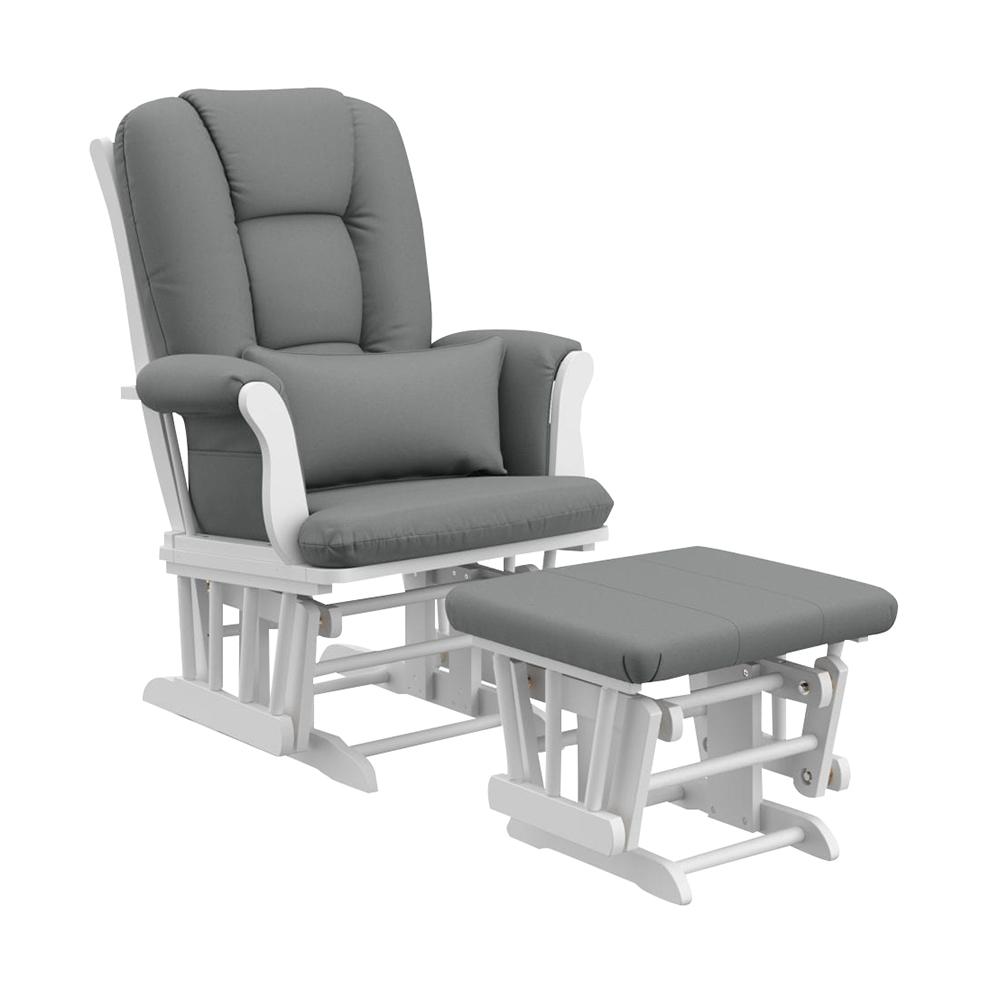 white glider rocker with gray cushions