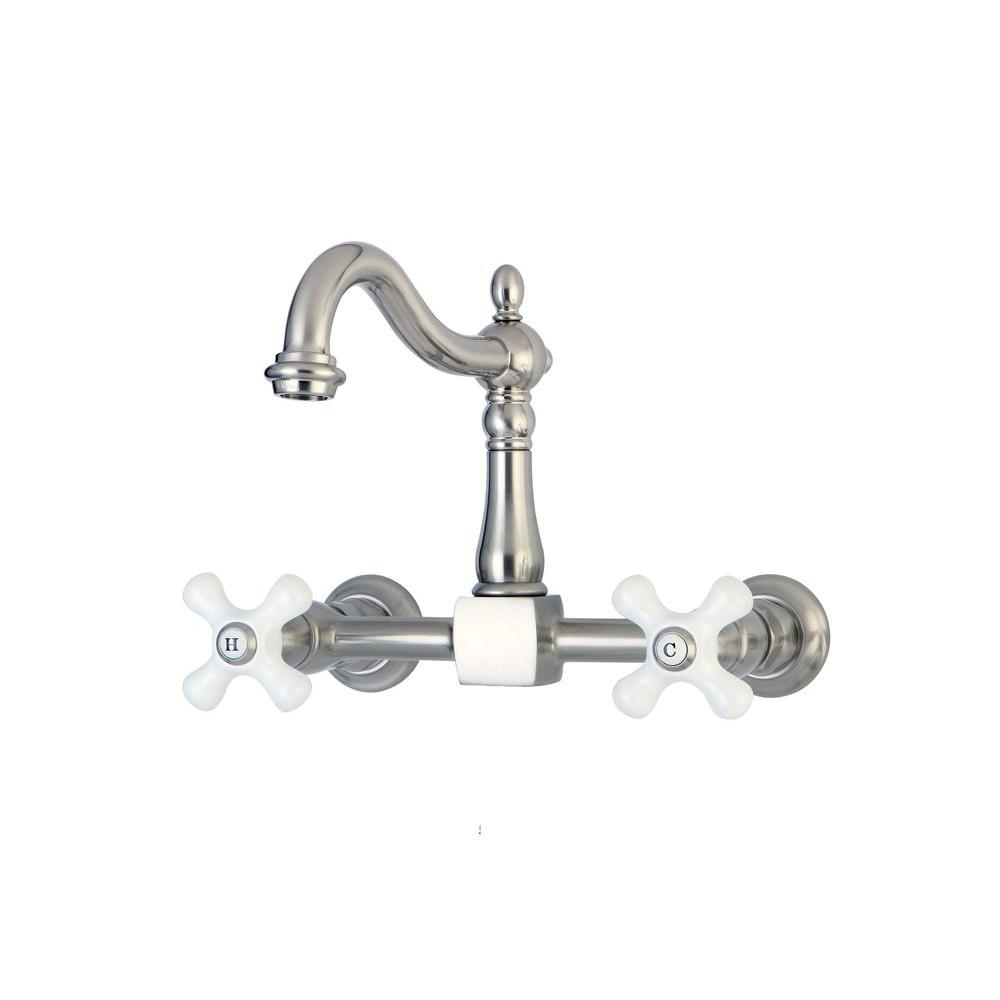 Kingston Brass Victorian Porcelain Cross 2 Handle Wall Mount Kitchen Faucet In Brushed Nickel