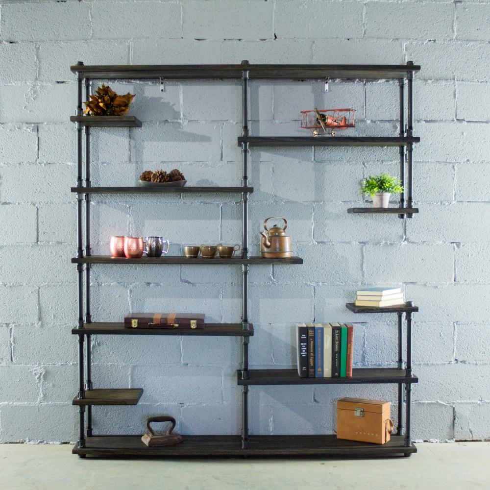 Nashville Mid Century Black 64 In Large Open Etagere 11 Shelf Pipe Bookcase Metal Reclaimed Wood
