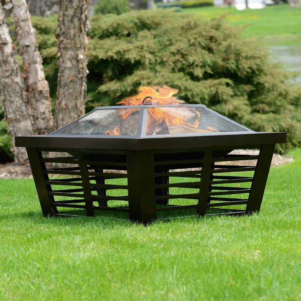 Pleasant Hearth Hudson 34 in x 23 in Square Steel Wood Fire Pit in Wenge with CoverOFW191S