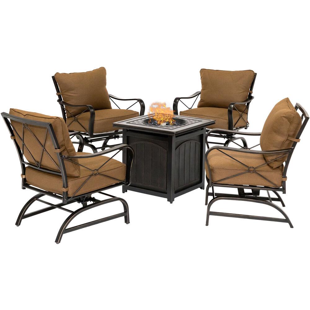 Hanover Summer Nights 5 Piece Steel Patio Fire Pit Conversation Set With Desert Sunset Cushions Rockers And Fire Pit Table Summrnght5pcfpsq The Home Depot