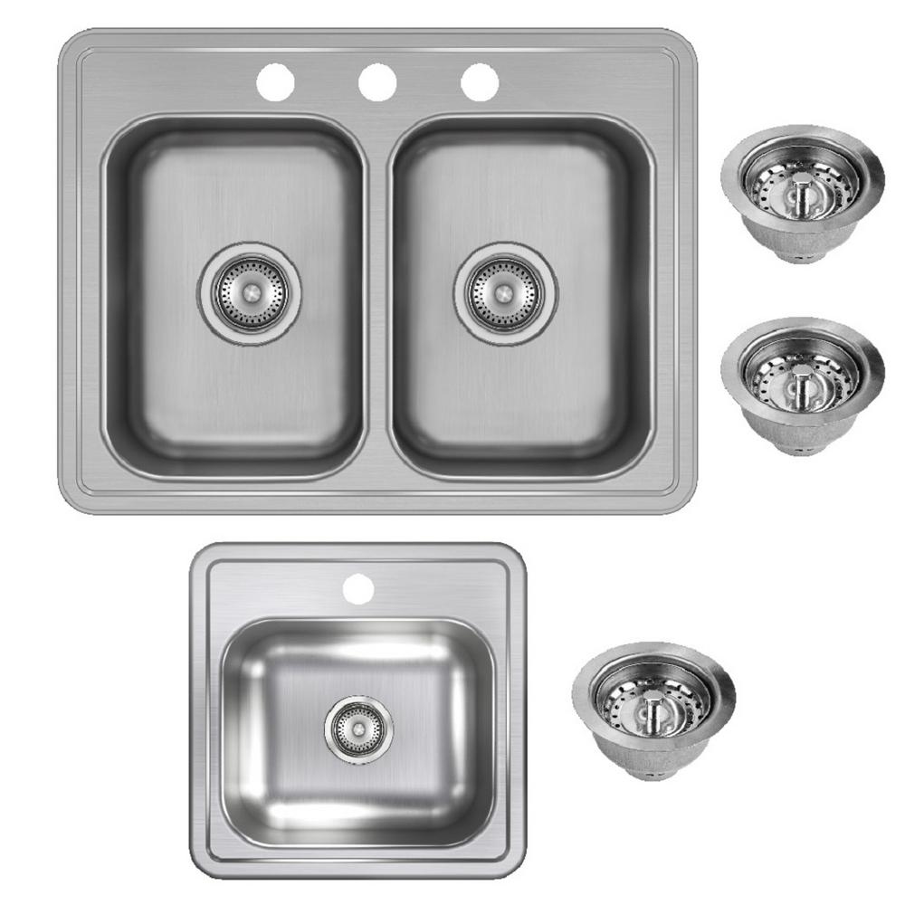 Elkay Dayton Drop In Stainless Steel 25 In 3 Hole Double Bowl Kitchen Sink With 15 In Bar Sink And Drains