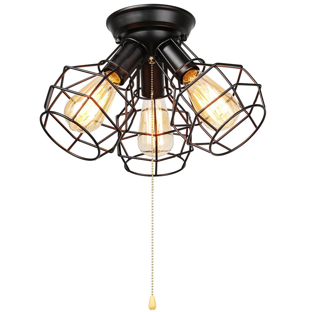 Lnc Versatile Vintage Industrial 3 Light Black Cage Semi Flush Mount Light With Pull String A03150 The Home Depot