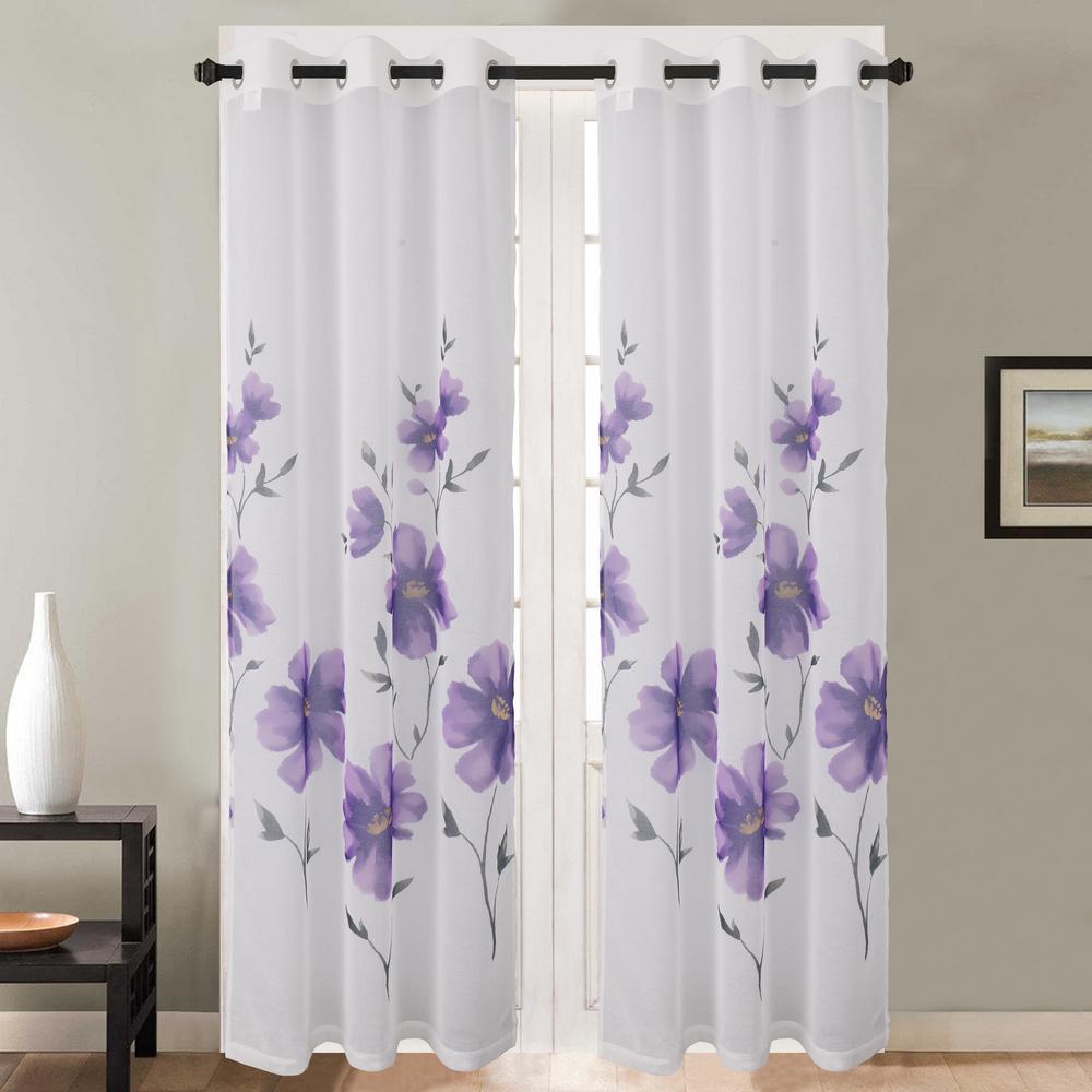 Dainty Home Victoria Printed 76x84 Sheer Grommet Panel Pair With Floral Pattern Violet