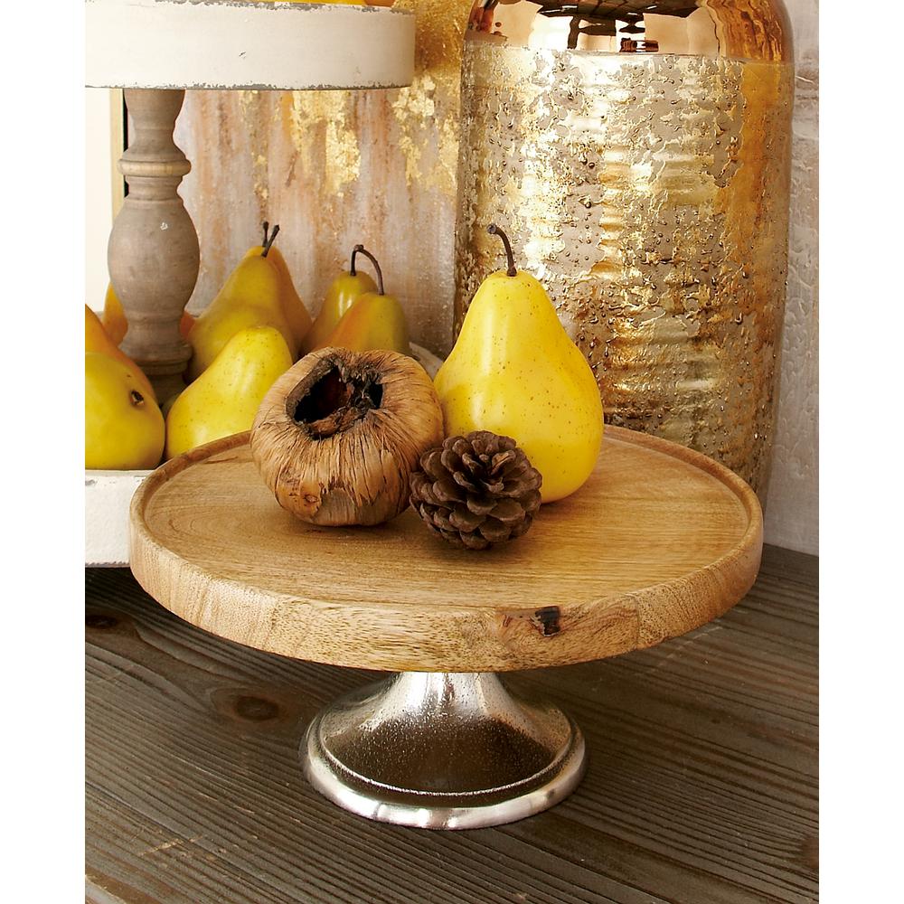 Litton Lane New Traditional Brown Wood and Aluminum Pedestal Cake Plates (Set of 3), Browns/Tans