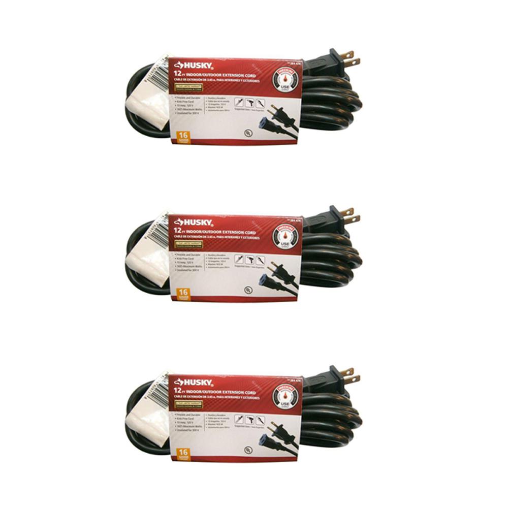 Black Indoor/Outdoor Extension Cord(3Pack) 12 ft. 16/2 Light Duty Powe