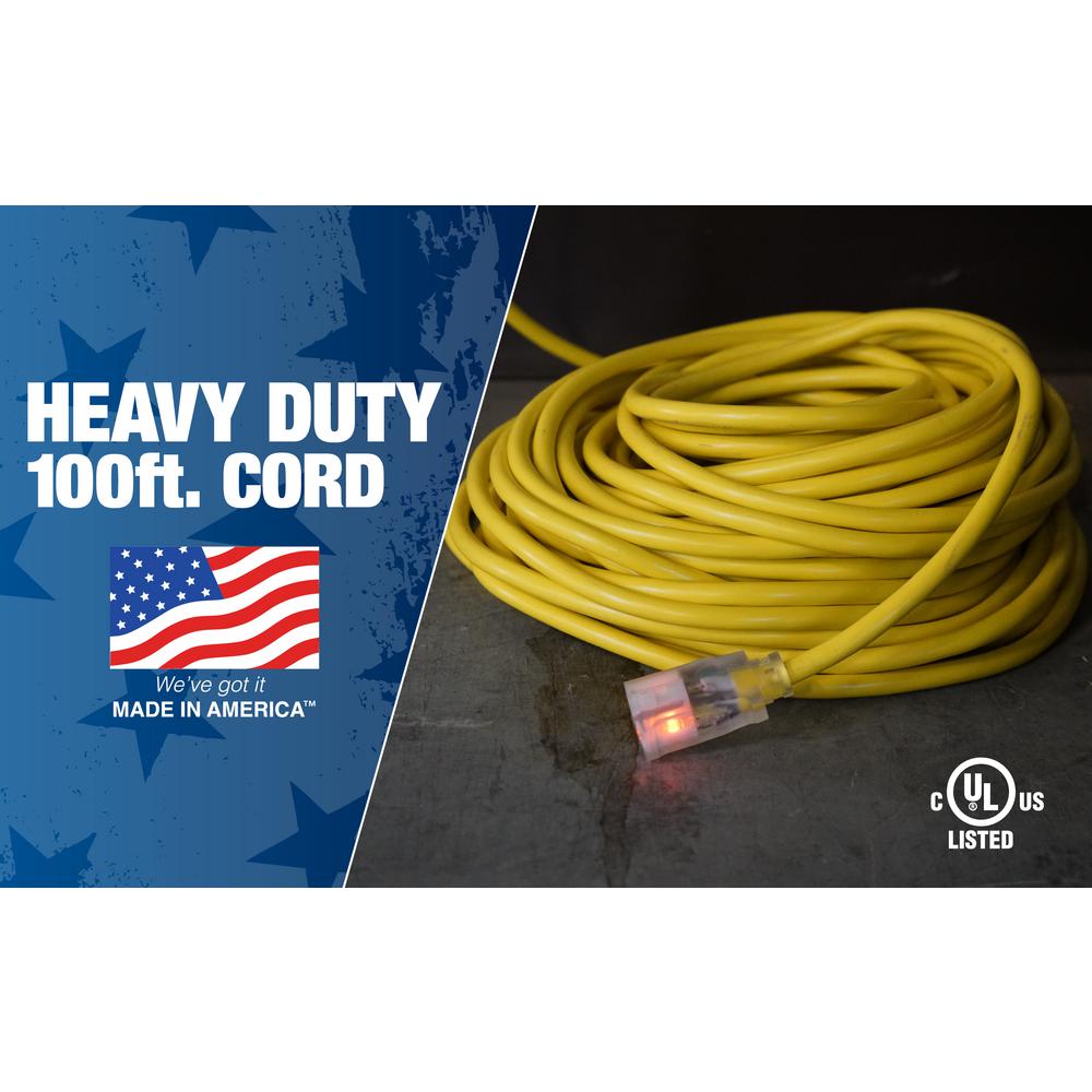 Woods 100 Ft 10 3 Sjtw Extra Heavy Duty 15 Amp General Purpose High Visibility Extension Cord With Lighted End Yellow In 2020 Extension Cord Cord Home Depot