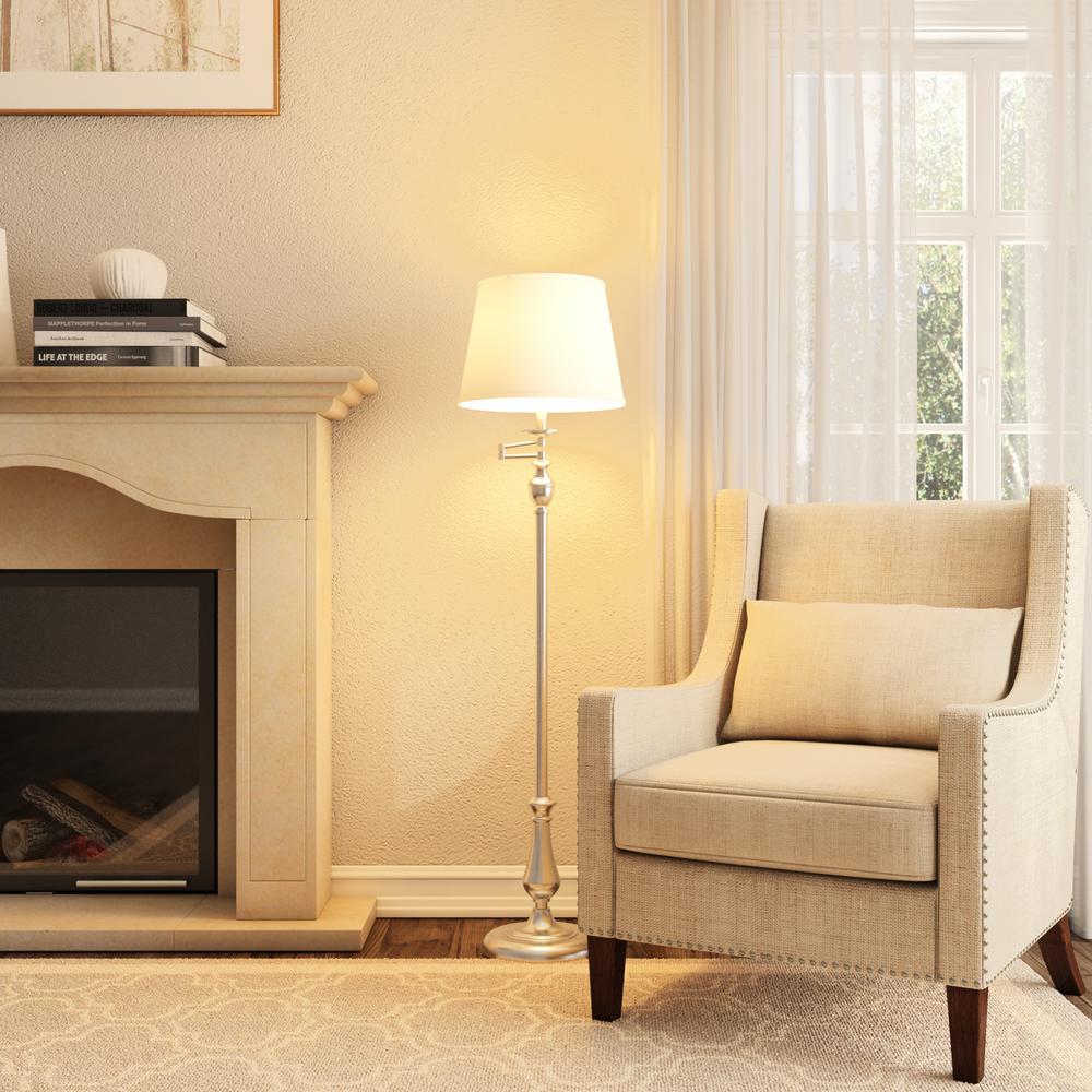 Hampton Bay 59 In Brushed Nickel Swing Arm Floor Lamp With White