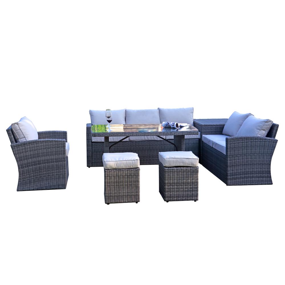 Moda Furnishings Fraser 7 Piece Gray Wicker Patio Conversation Set With Beige Cushions Mos 1403b Grey The Home Depot