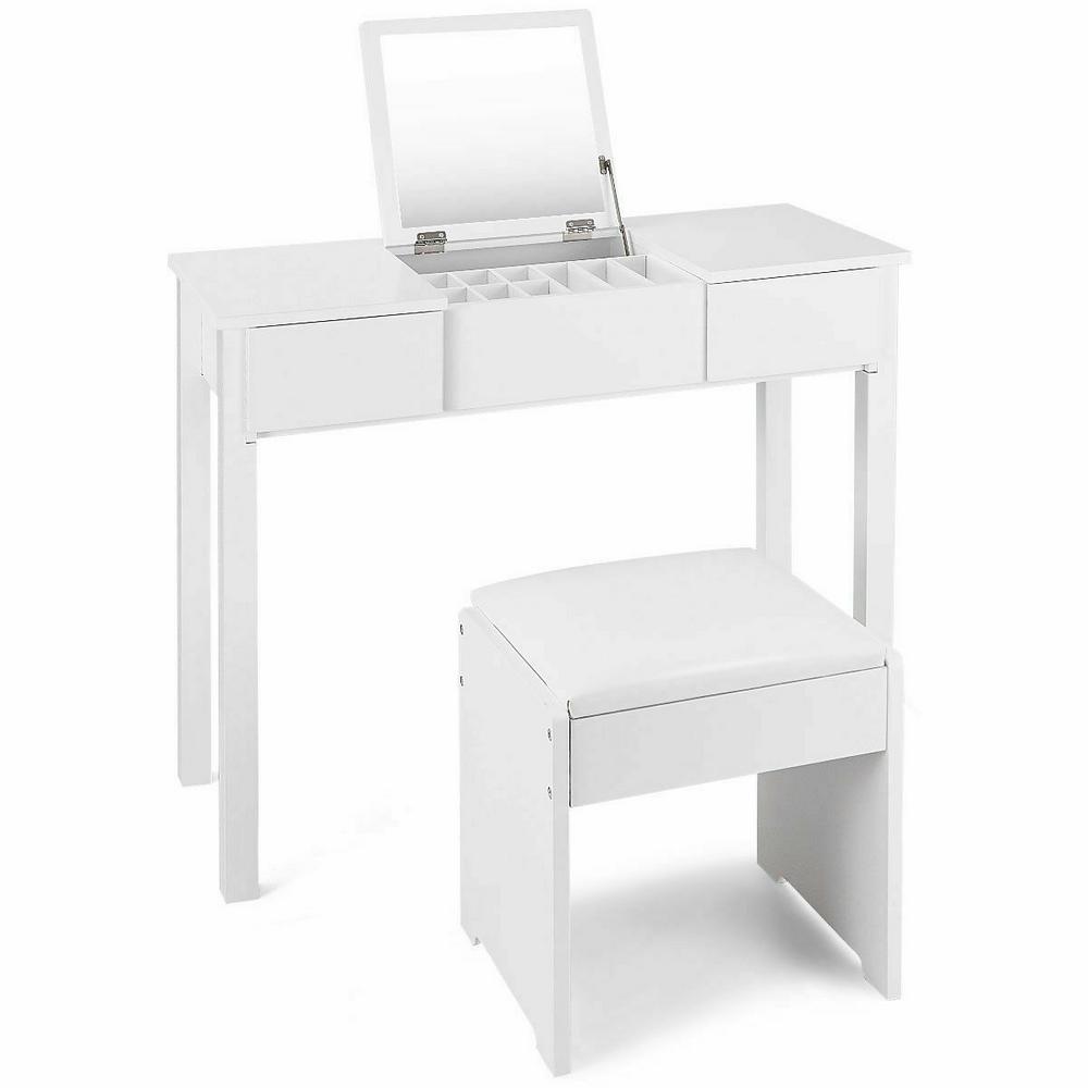 Costway 2 Piece White Vanity Dressing Table Set Mirrored Bedroom