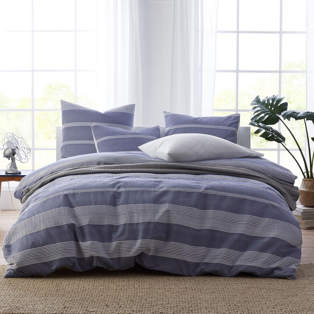The Company Store Chambray Stripe Blue White Cotton Queen Duvet
