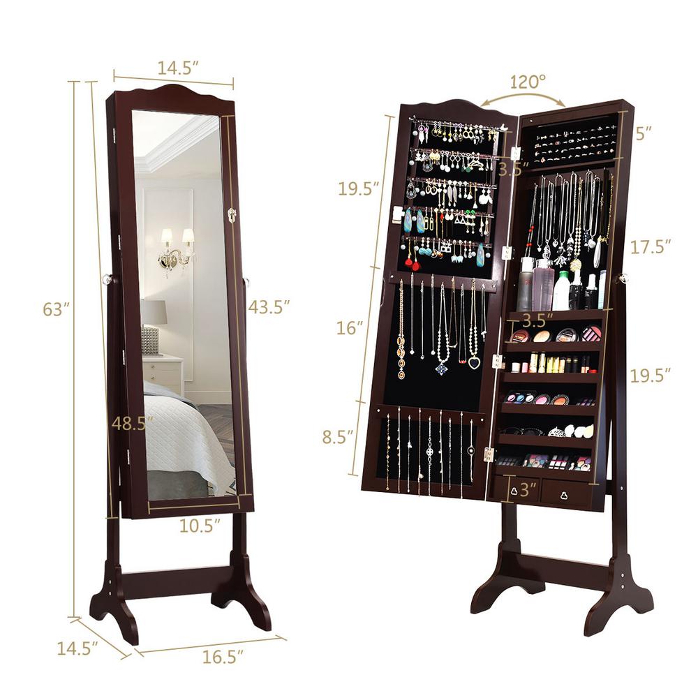Costway Brown Mirrored Freestanding Jewelry Armoire Organizer Cabinet With Drawer And Led Lights Hw58852cf The Home Depot