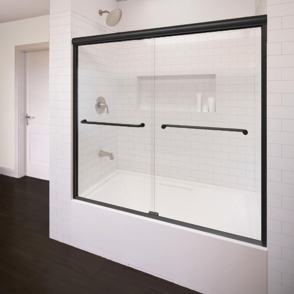 Infinity 58 5 In X 57 In Semi Frameless Sliding Aquaglidexp Clear Glass Tub Door In Wrought Iron With Towel Bar