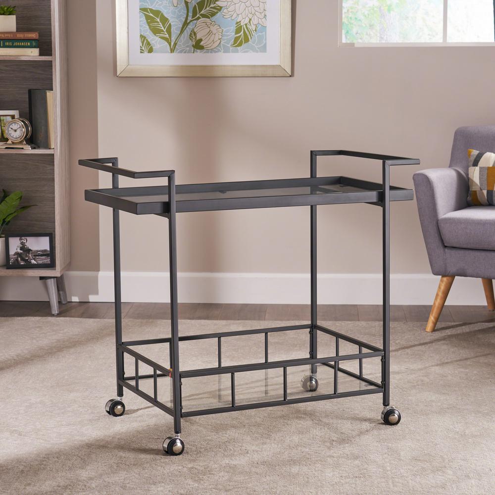 Noble House Ambrose Black Bar Cart with Tempered Glass Shelves 15866 ...