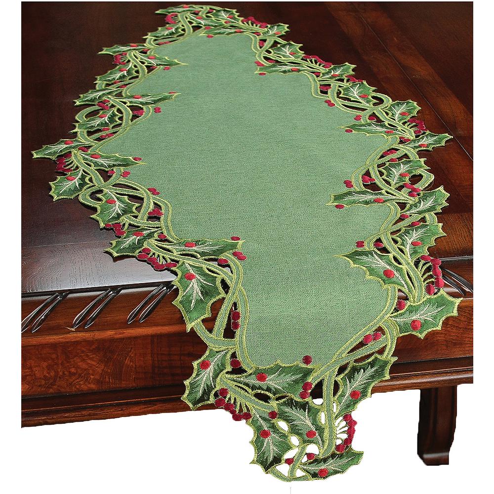 Xia Home Fashions 15 In X 54 Green Holiday Holly Embroidered Cutwork Table Runner
