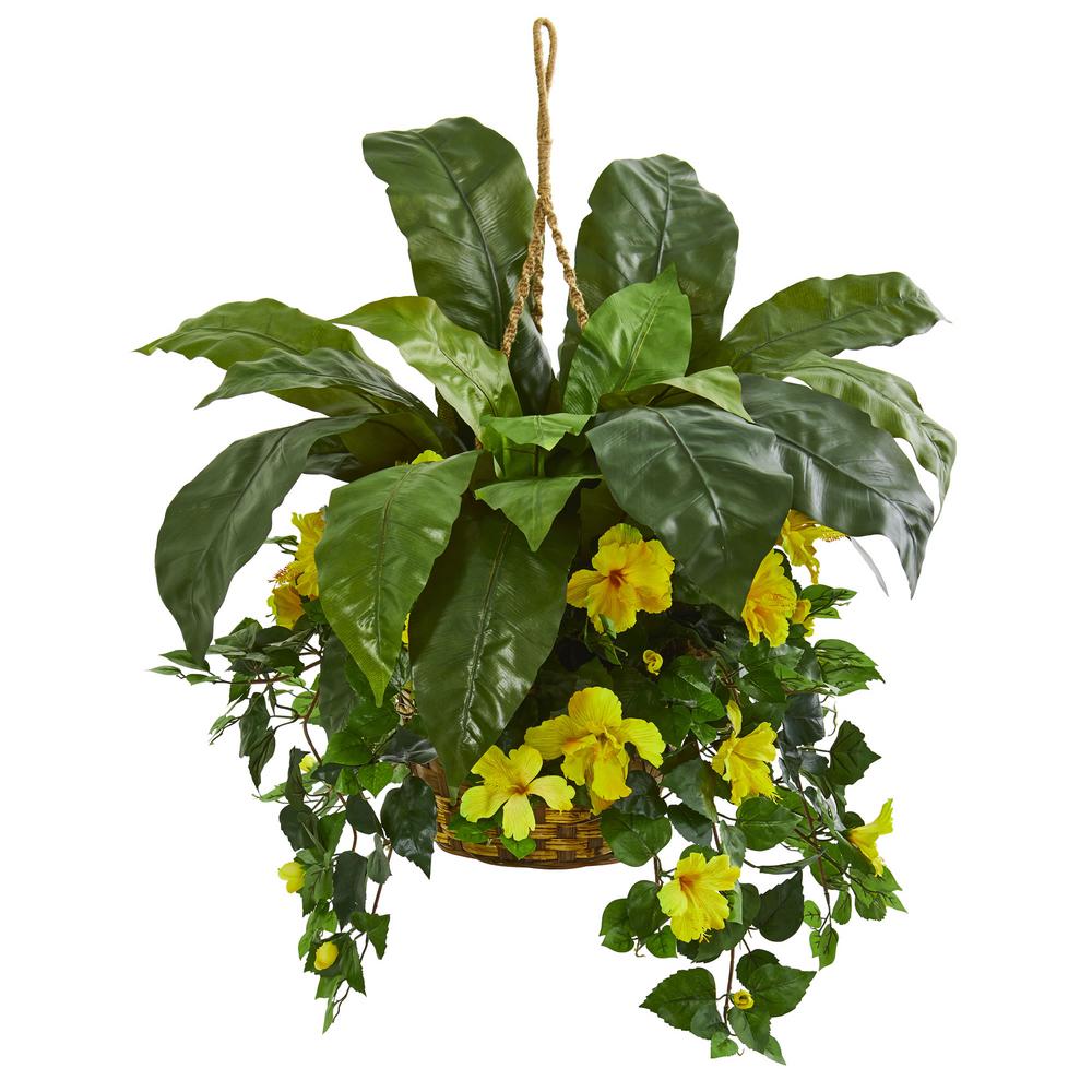 Nearly Natural Indoor Birds Nest & Hibiscus Artificial Plant Hanging